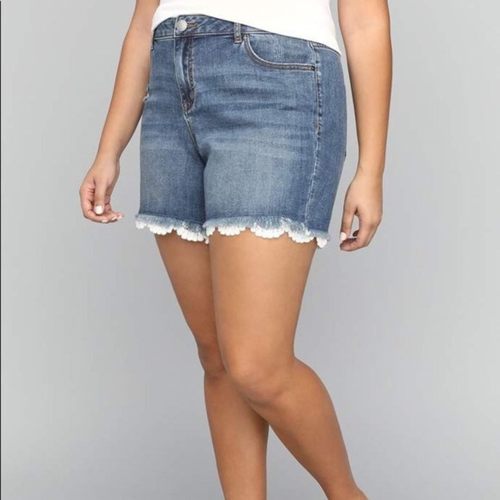 Lane Bryant Denim Shorts with White Crochet Trim